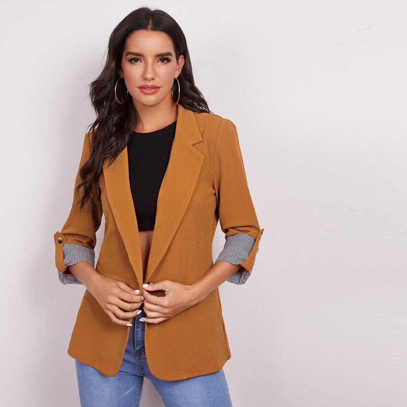 

Notched Collar Roll Tab Sleeve Blazer, Brown