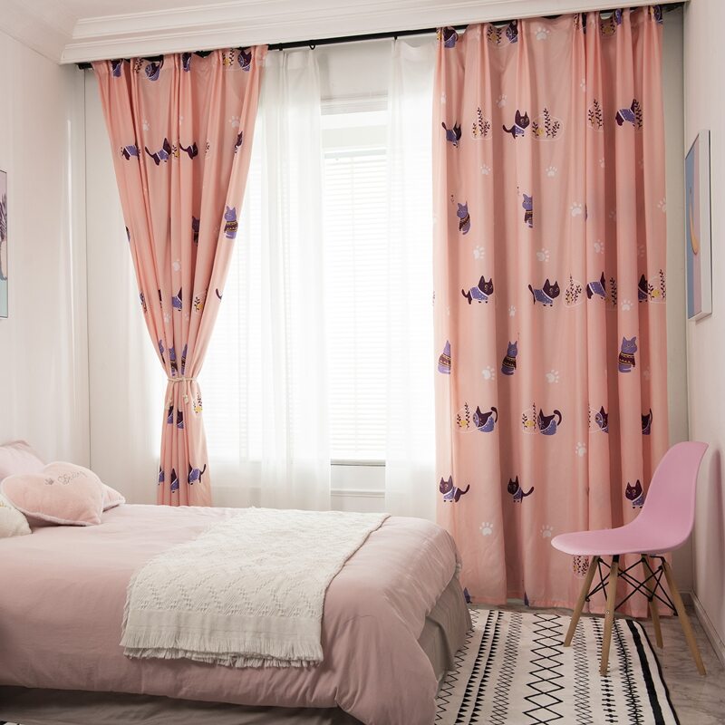 

1pc Cartoon Cat Print Curtain, Pink