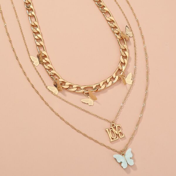 

3pcs Letter & Butterfly Charm Necklace, Gold