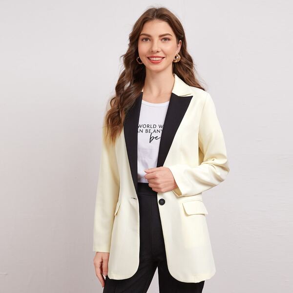

Contrast Collar Single Button Blazer, Beige