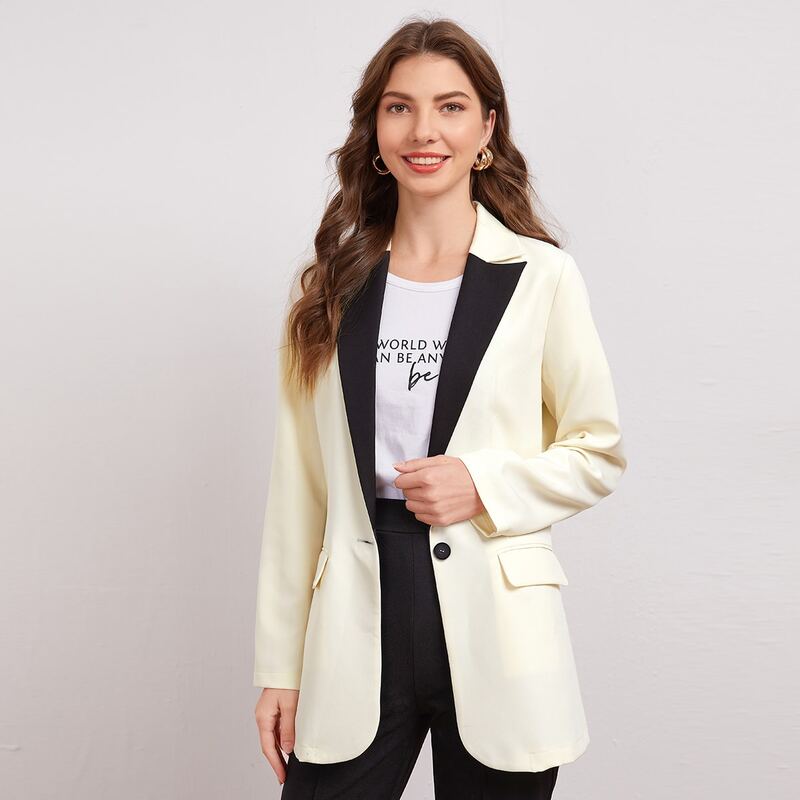 

Contrast Collar Single Button Blazer, Beige