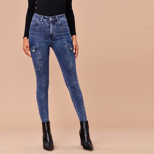 

Flap Pocket Seam Front Jeans, Dark wash