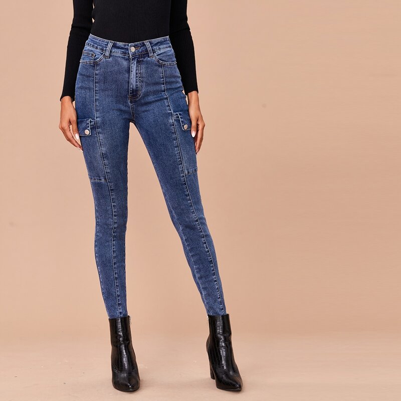 

Flap Pocket Seam Front Jeans, Dark wash