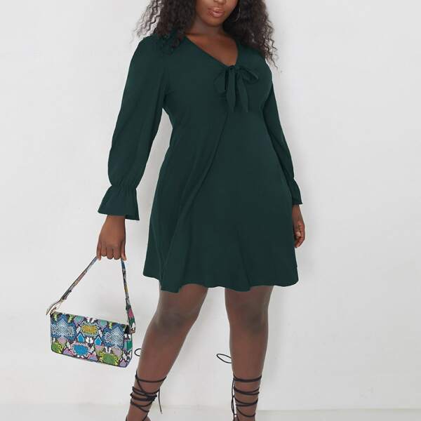 

Plus Tie Front Flounce Sleeve Dress, Dark green