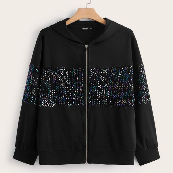 

Plus Contrast Sequins Zip Up Hoodie, Black