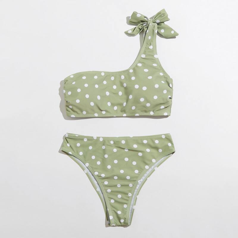 

Polka Dot One Shoulder Bikini Swimsuit, Mint green