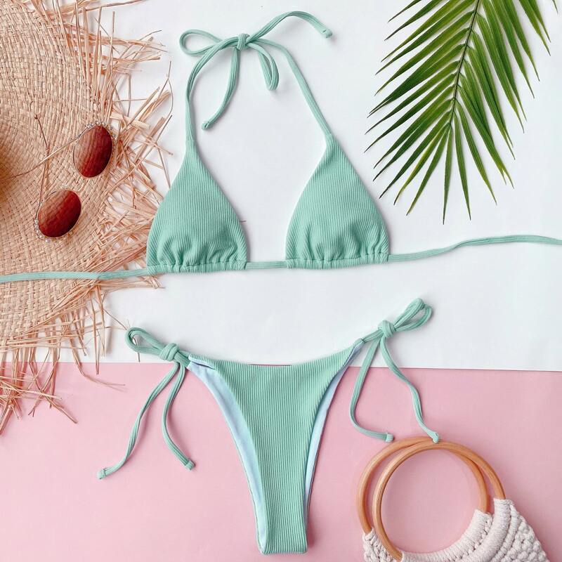 

Rib Triangle Tie Side Bikini Swimsuit, Mint green