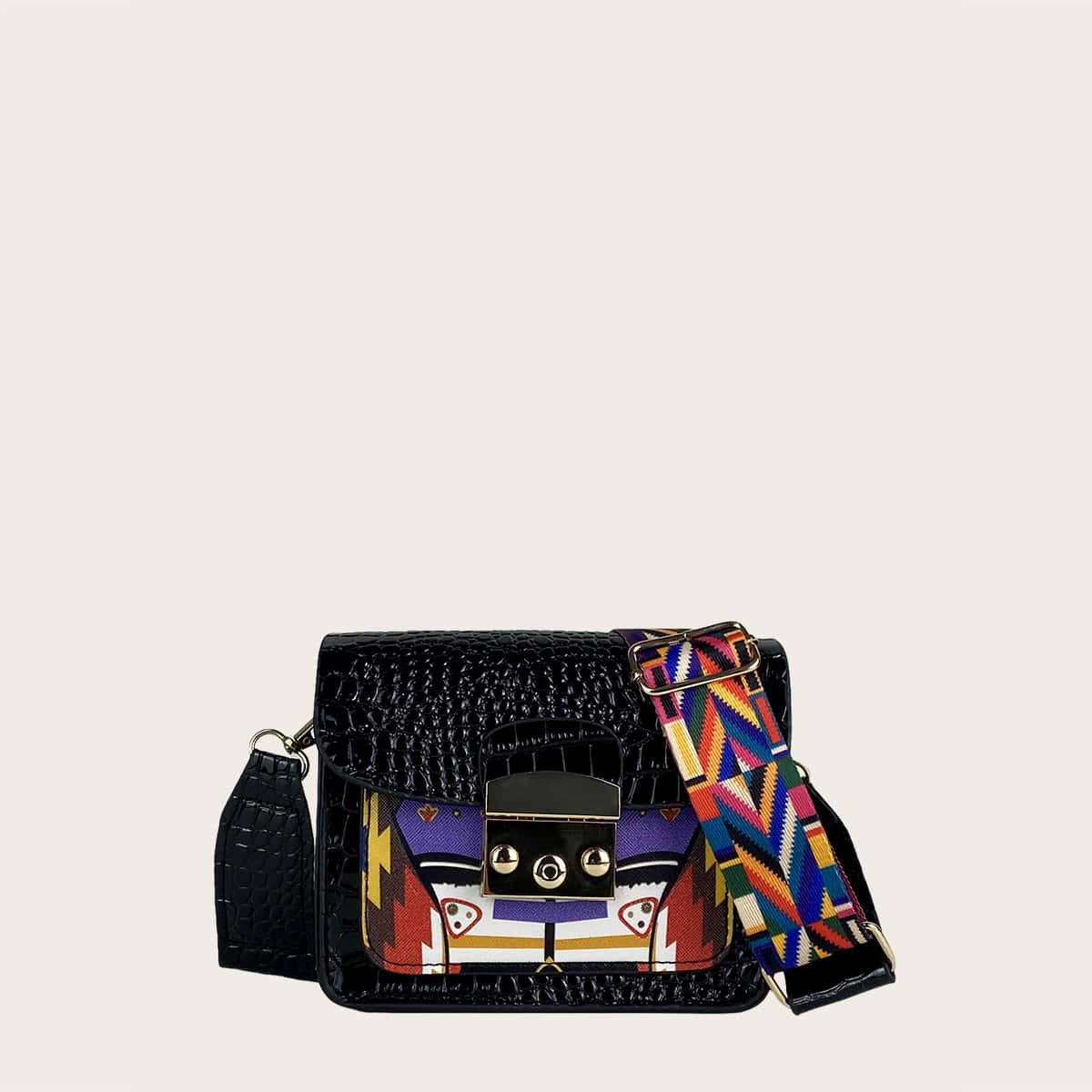 

Mini Croc Embossed Geometric Pattern Crossbody Bag, Black