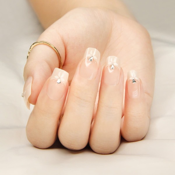 

24pcs Rhinestone Decor False Nail & 1pc Tape & 1pc Nail File, Apricot