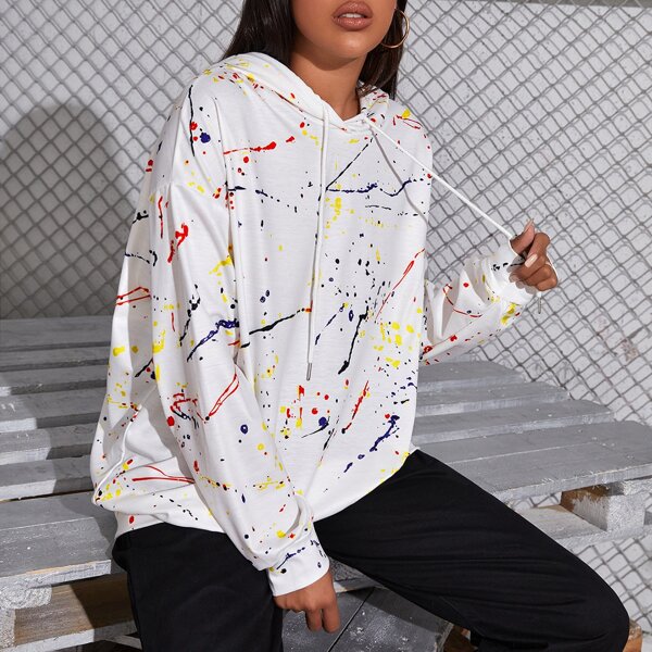 

Splash Ink Print Drawstring Oversized Hoodie, White