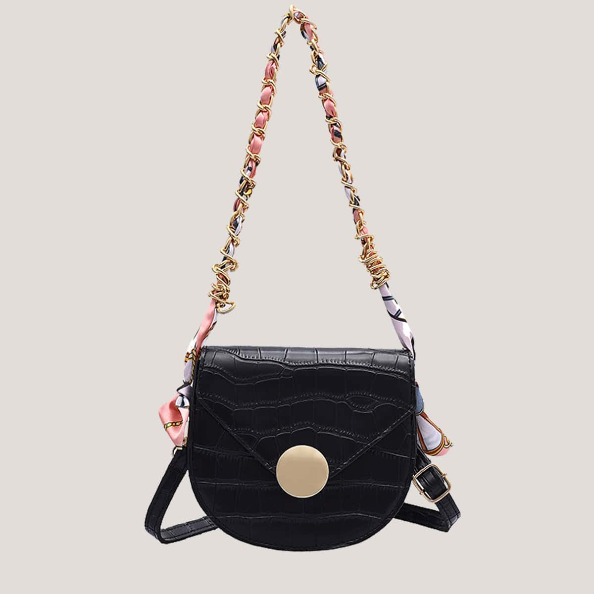 

Croc Embossed Scarf Chain Bag, Black