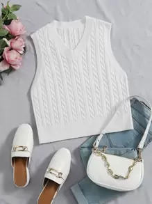 SHEIN EZwear Cable Knit V-neck Sweater Vest - White - View 1