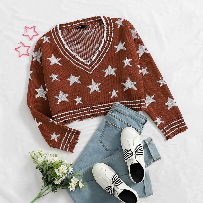 

V-neck Ripped Detail Star Pattern Crop Sweater, Brown