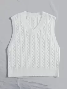 SHEIN EZwear Cable Knit V-neck Sweater Vest - White - View 3