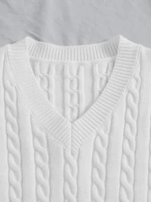 SHEIN EZwear Cable Knit V-neck Sweater Vest - White - View 4