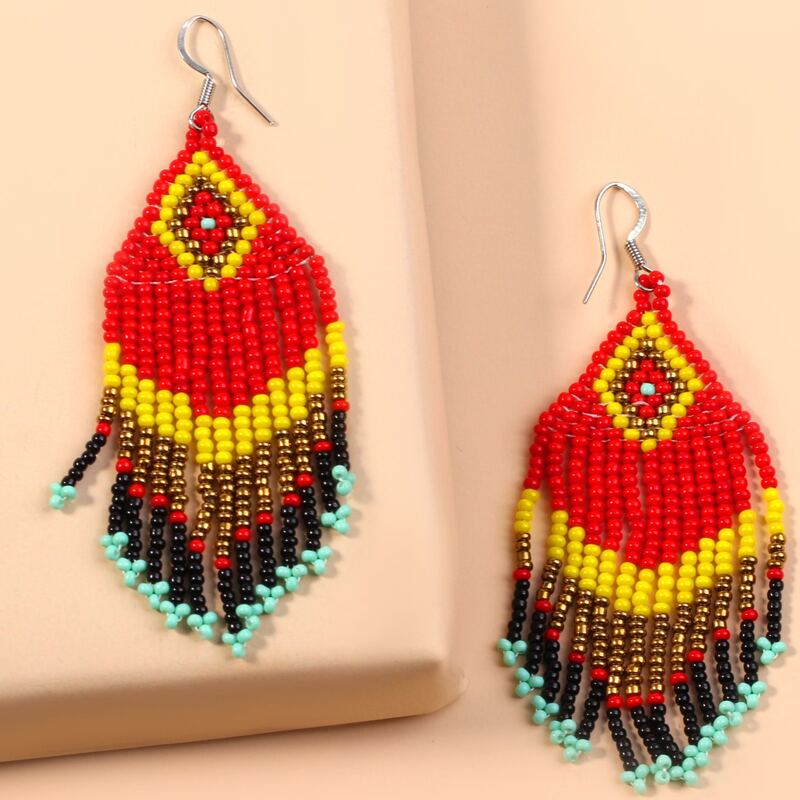

Colorful Beaded Tassel Drop Earrings, Red