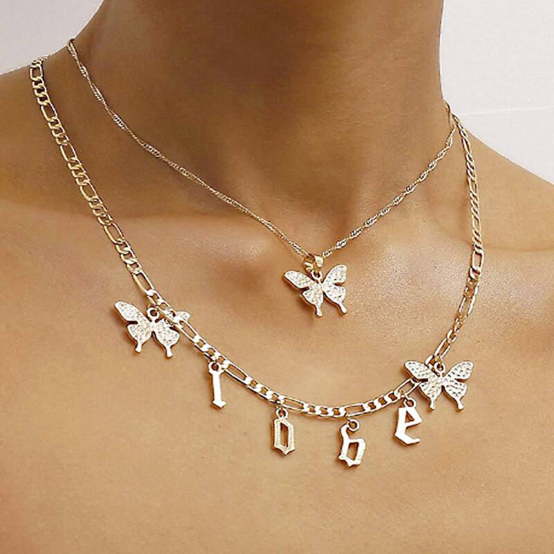 

Butterfly & Letter Design Layered Necklace, Gold