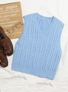 SHEIN EZwear Cable Knit V-neck Sweater Vest - Baby Blue - View 1
