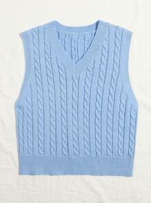SHEIN EZwear Cable Knit V-neck Sweater Vest - Baby Blue - View 4