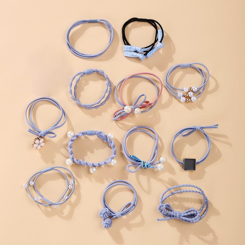 

12pcs Faux Pearl & Flower Hair Tie, Multicolor