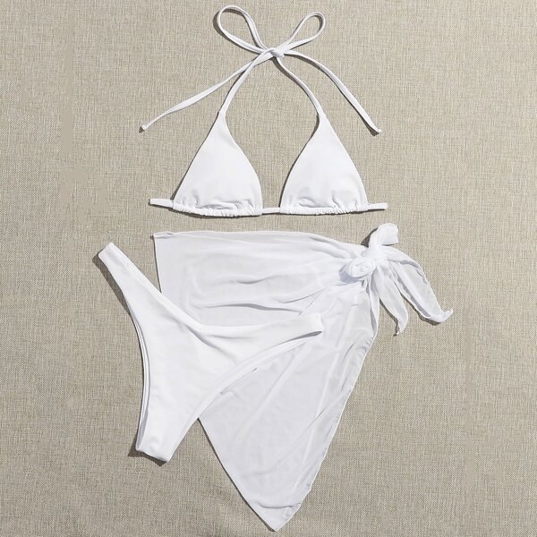 

3pack Triangle High Cut Bikini Swimsuit & Beach Skirt, White