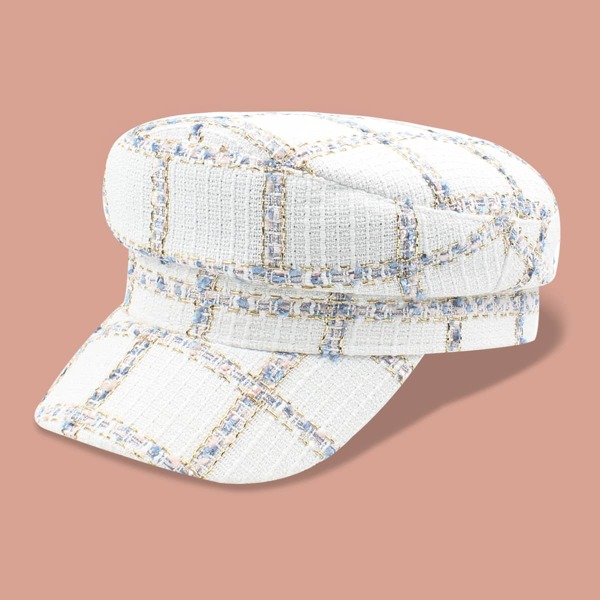 

Plaid Baker Boy Cap, White