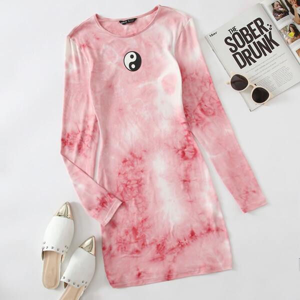 

Yin And Yang Print Tie Dye Bodycon Dress, Pink