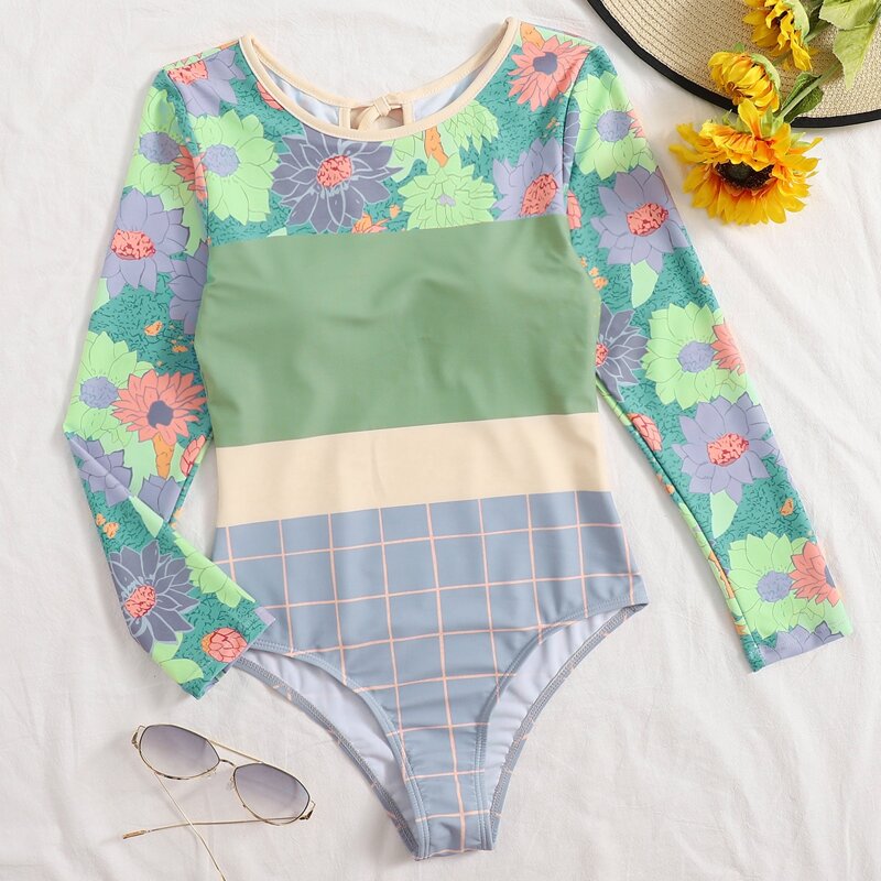 

Floral & Plaid Long Sleeve One Piece Swimsuit, Multicolor