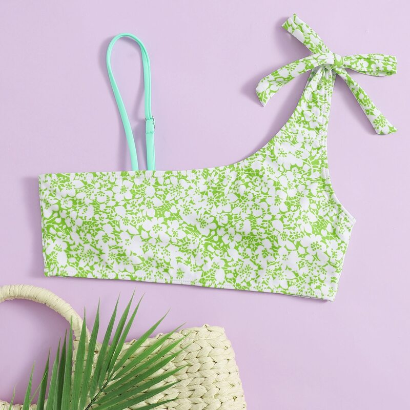 

Floral Asymmetric Neck Bikini Top, Green