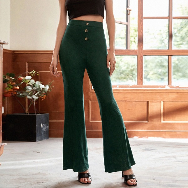 

Buttoned Front Flare Leg Pants, Dark green