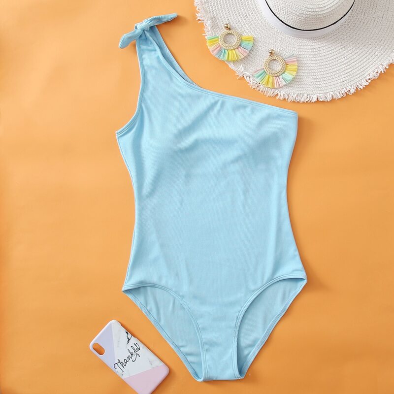

Ribbed Knot Shoulder One Piece Swimsuit, Pastel baby blue