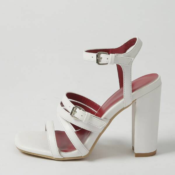 

Open Toe Ankle Strap Chunky Heeled Sandals, White