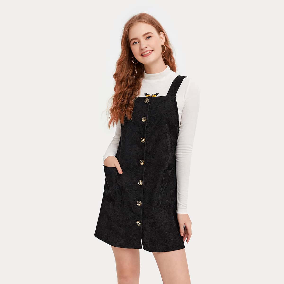 

Button Front Corduroy Pinafore Dress, Black