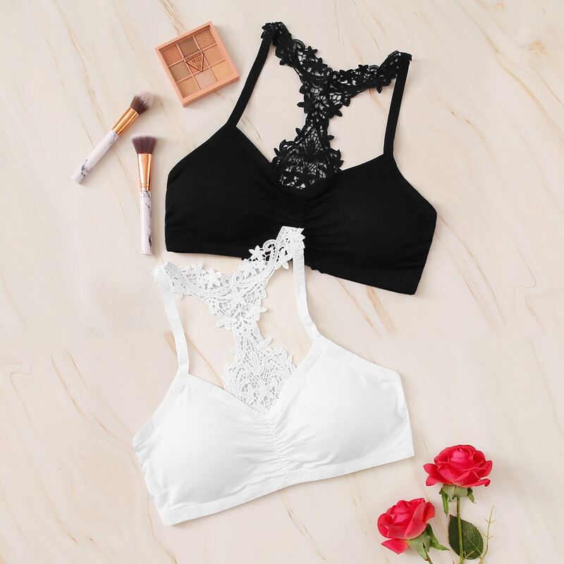 

2pack Floral Applique Bralette Set, Black and white