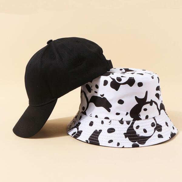 

2pcs Men Panda Pattern Bucket Hat & Baseball Cap, Black and white