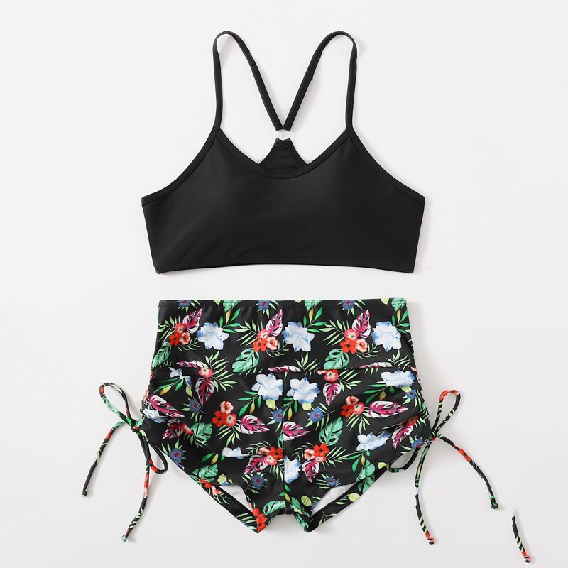 

Tropical & Floral Tie Side Bikini Swimsuit, Multicolor