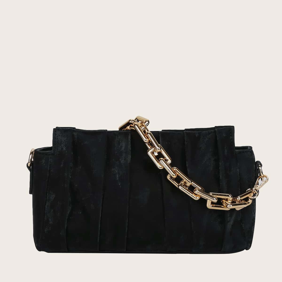 

Chain Handle Ruched Bag, Black