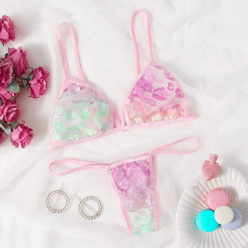

Floral Applique Ombre Mesh Lingerie Set, Multicolor