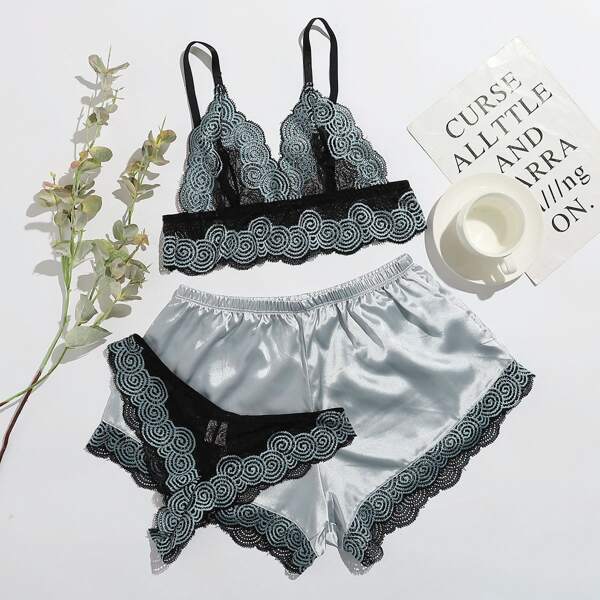 

Scallop Lace Lingerie Set & Satin Shorts, Dusty blue