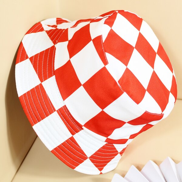 

Plaid Reversible Bucket Hat, Red and white