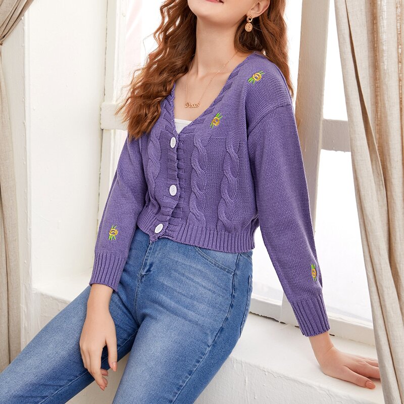 

Button Front Embroidery Cable Knit Cardigan, Violet purple