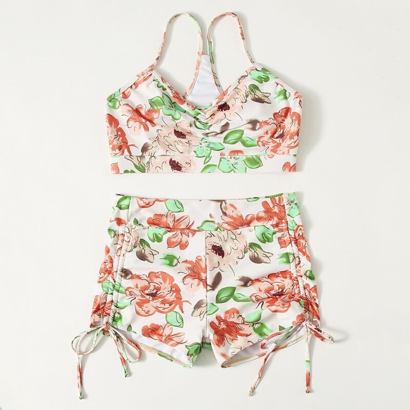 

Floral Ruched Tie Side Shorts Bikini Swimsuit, Multicolor