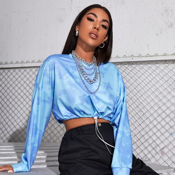 

Drawstring Hem Tie Dye Sweatshirt, Blue