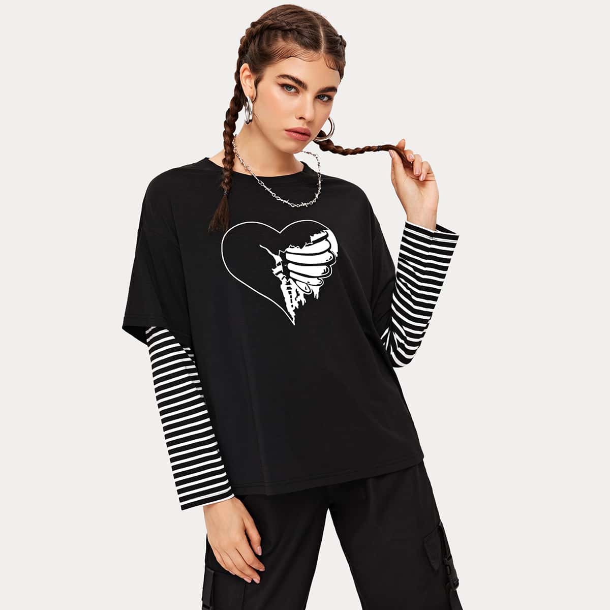 

2 In 1 Stripe Sleeve Heart Print Tee, Black