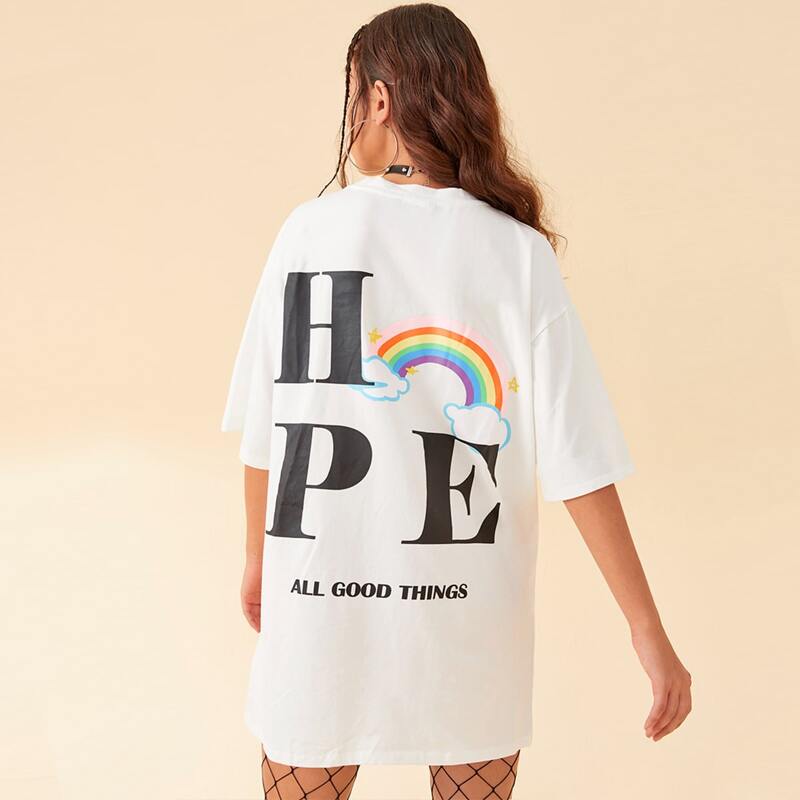 

Drop Shoulder Rainbow & Letter Print Tee Dress, White