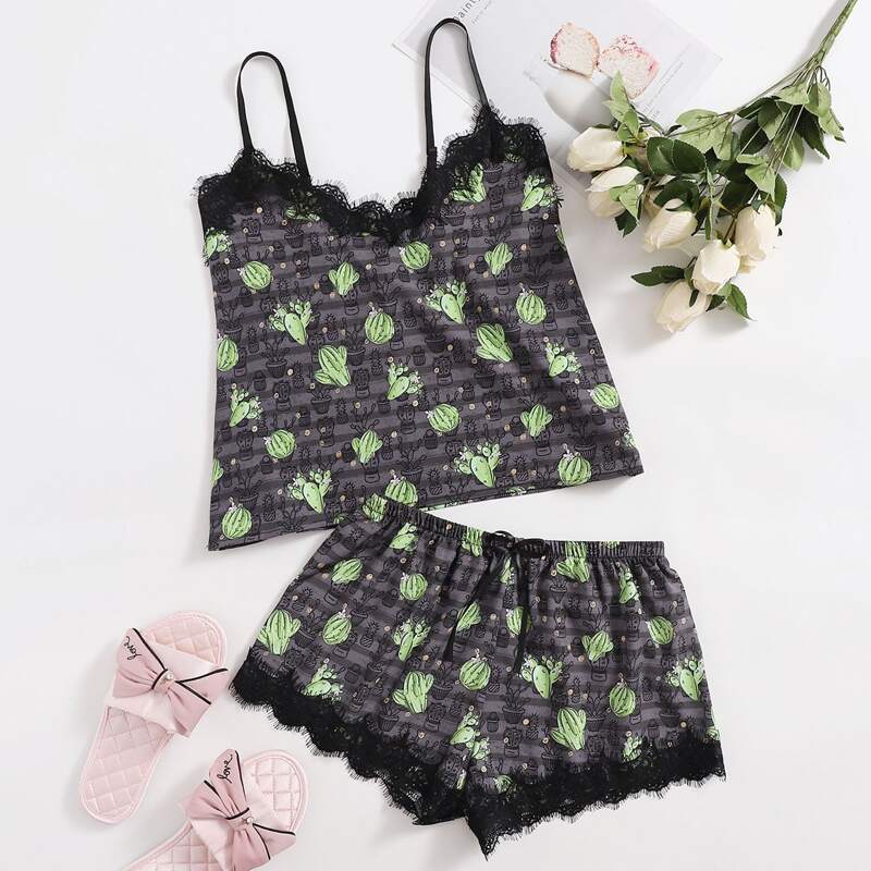 

Cactus Print Lace Trim PJ Set, Multicolor