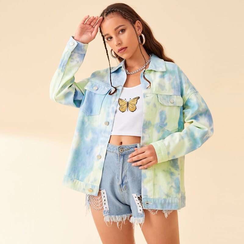 

Drop Shoulder Flap Pocket Tie Dye Denim Jacket, Multicolor