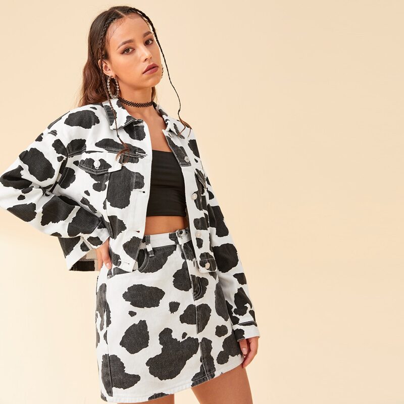 

Button Front Cow Print Denim Jacket, Black and white