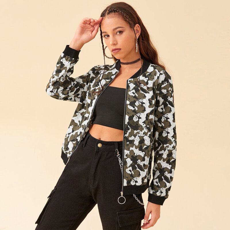

Zip Up Drop Shoulder Camo Bomber Jacket, Multicolor