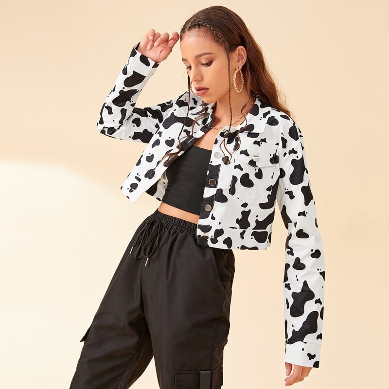 

Cow Print Button Up Crop Jacket, Black and white